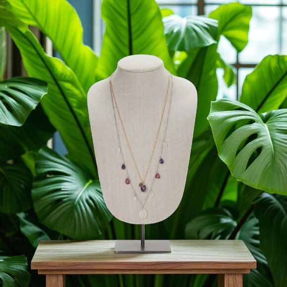 J. Jill Layered Necklace Faceted Glass Charms Iced Rose Quartz Teardrop Adjusts - Picture 4 of 15